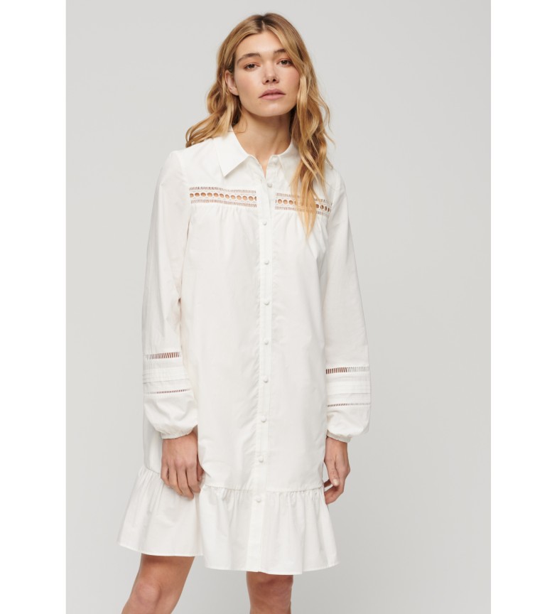 Superdry Vestido camisero con mezcla de encaje blanco