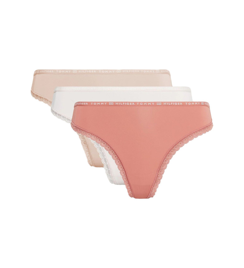 Tommy Hilfiger Pack de 3 tangas de encaje floral rosa, blanco