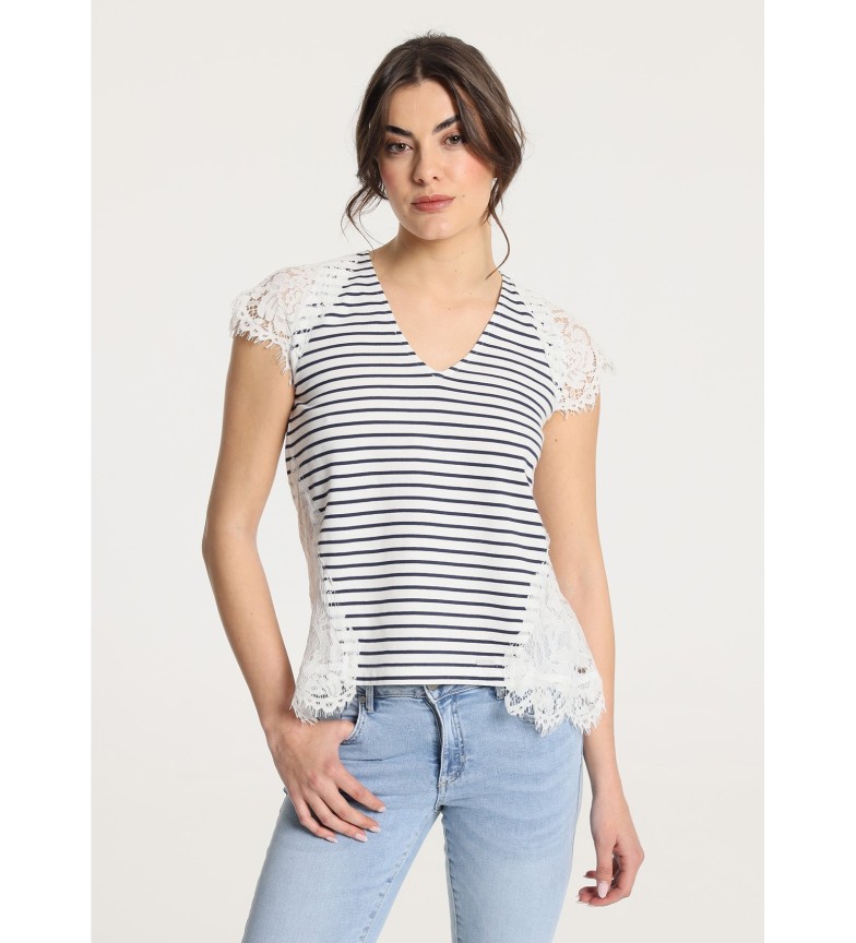 Victorio & Lucchino, V&L Camiseta de manga corta de cuello pico con detalle encaje blanco