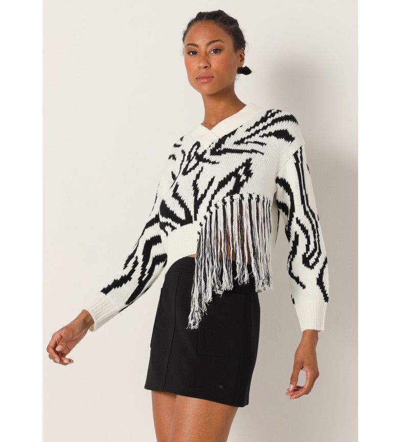 Victorio & Lucchino, V&L Jersey flecos con cuello caja blanco, negro